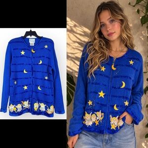 VTG Quacker Factory Cardigan Sweater Small Angels Stars Moon Whimsical Celestial